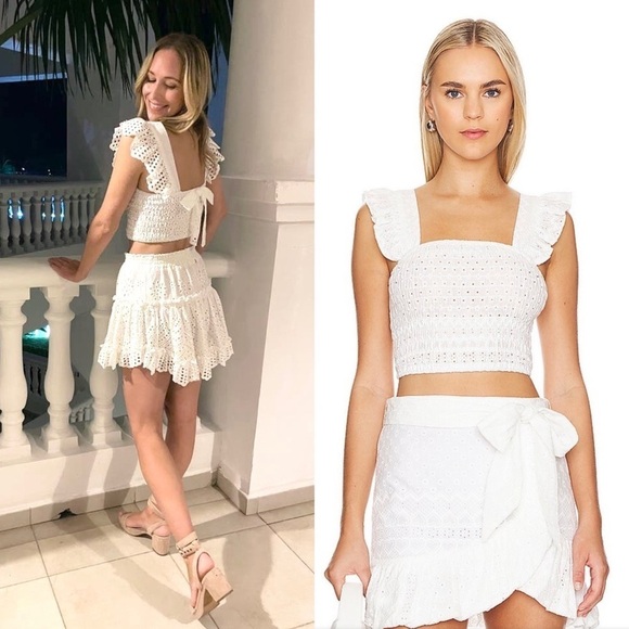 MISA LOS ANGELES Eyelet Flutter Strap‎ Tie Back Square Neck Smocked Crop Top S - Picture 9 of 16